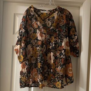 NATURAL LIFE Black Floral Peasant Blouse with Orange, Yellow & Cream Flowers